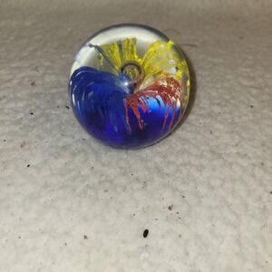 Large Round Art Glass Paperweight, Red Blue Teal Yellow Burst
